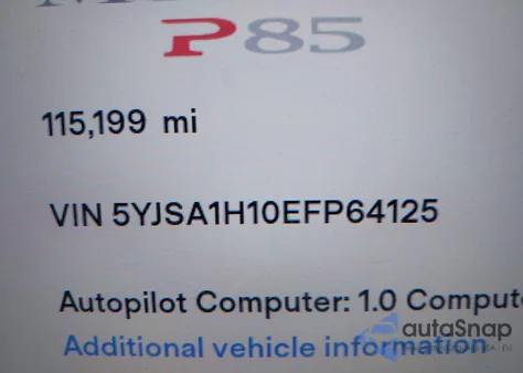 2014 Tesla Model S P85 z USA, uszkodzony, nr VIN 5YJSA1H10EFP64125